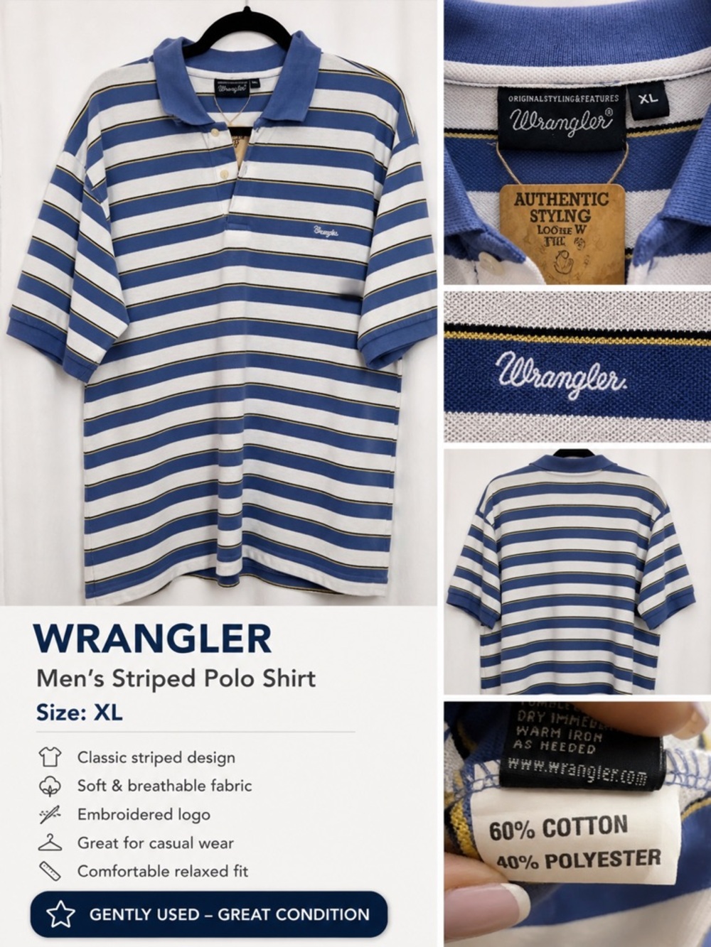 Wrangler Men's Blue and White Striped Polo Shirt